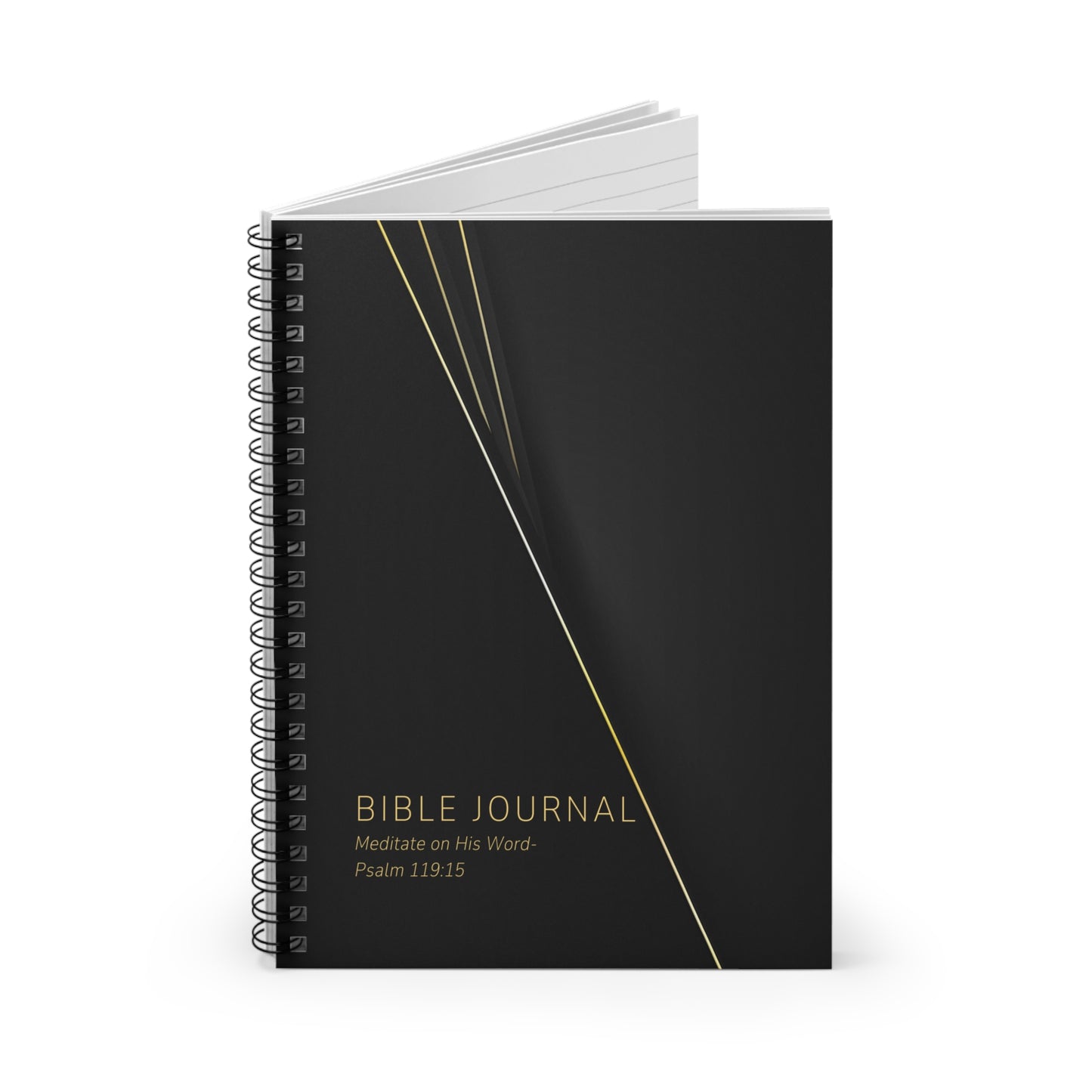 Bible Journal Spiral Notebook — "Meditate on His Word" Psalm 119:15, Elegant Black & Gold