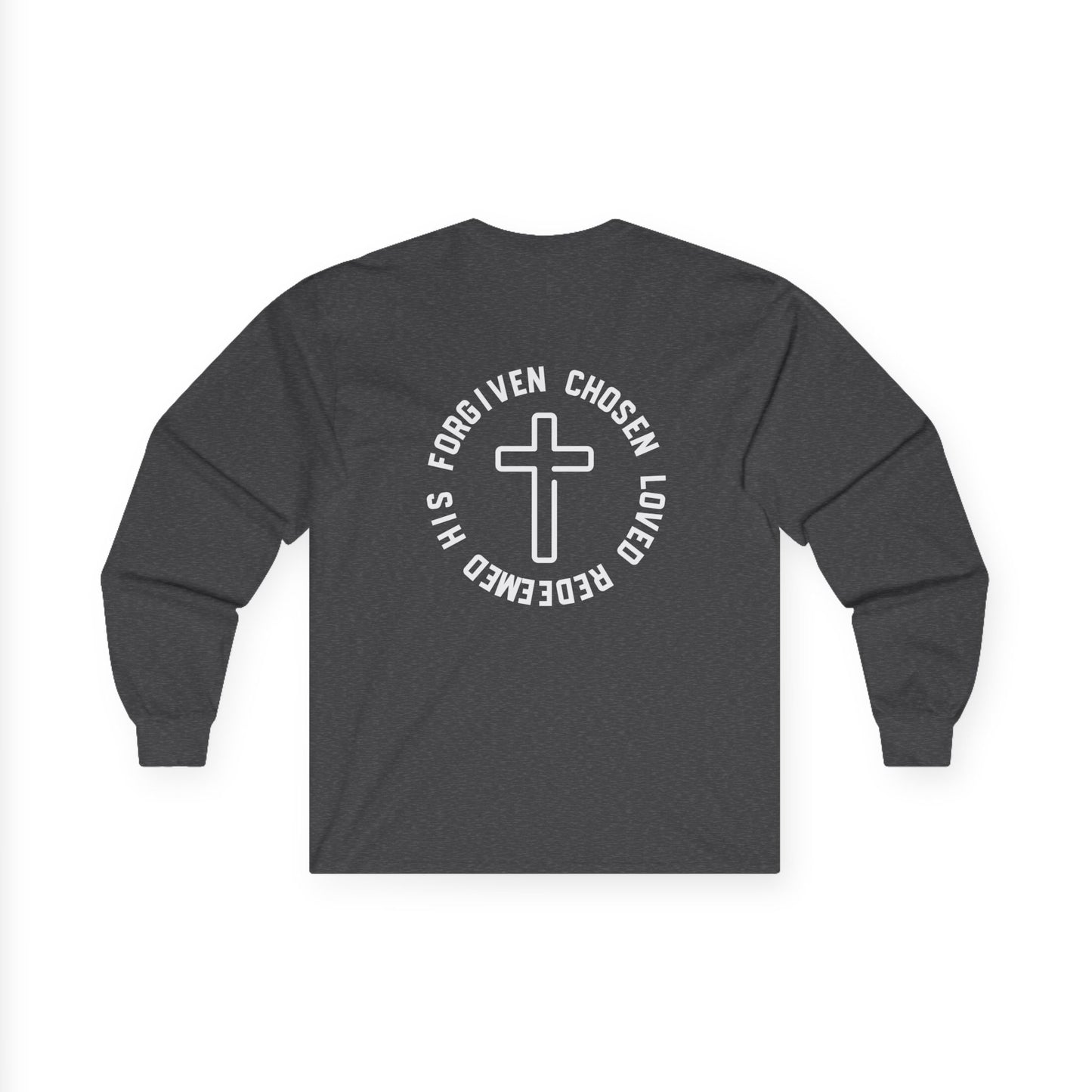Christian Cross Long Sleeve Tee — "Chosen, Loved, Redeemed" Faith Shirt