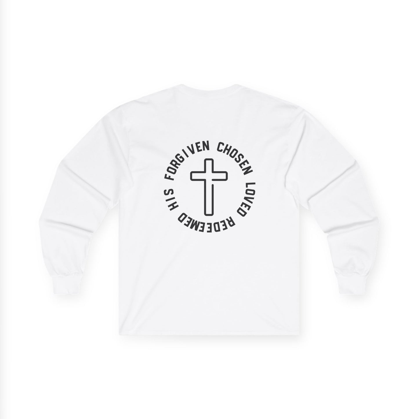 Christian Cross Long Sleeve Tee — "Chosen, Loved, Redeemed" Faith Shirt