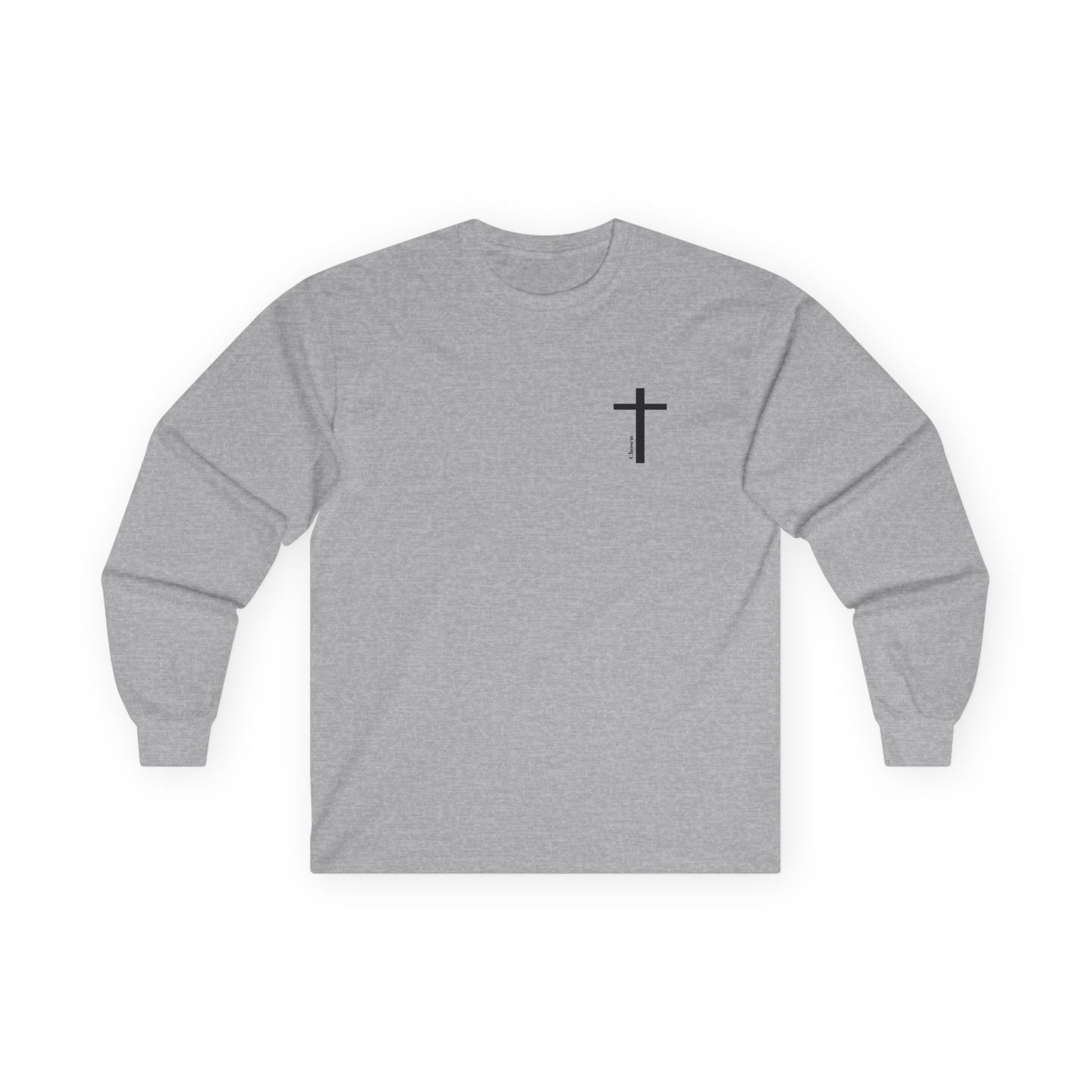Christian Cross Long Sleeve Tee — "Chosen, Loved, Redeemed" Faith Shirt