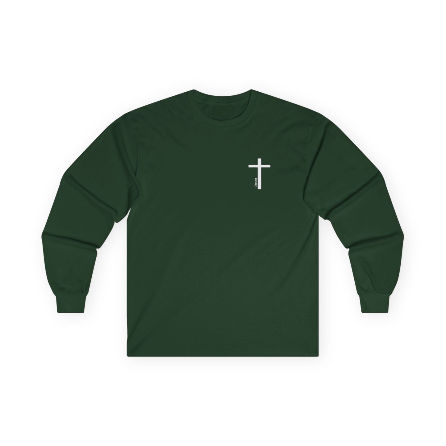 Christian Cross Long Sleeve Tee — "Chosen, Loved, Redeemed" Faith Shirt