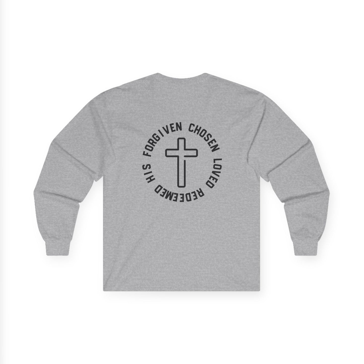 Christian Cross Long Sleeve Tee — "Chosen, Loved, Redeemed" Faith Shirt