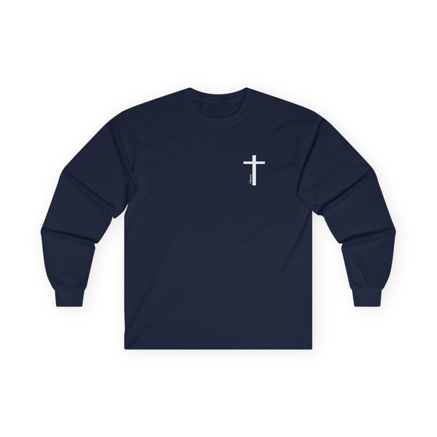 Christian Cross Long Sleeve Tee — "Chosen, Loved, Redeemed" Faith Shirt