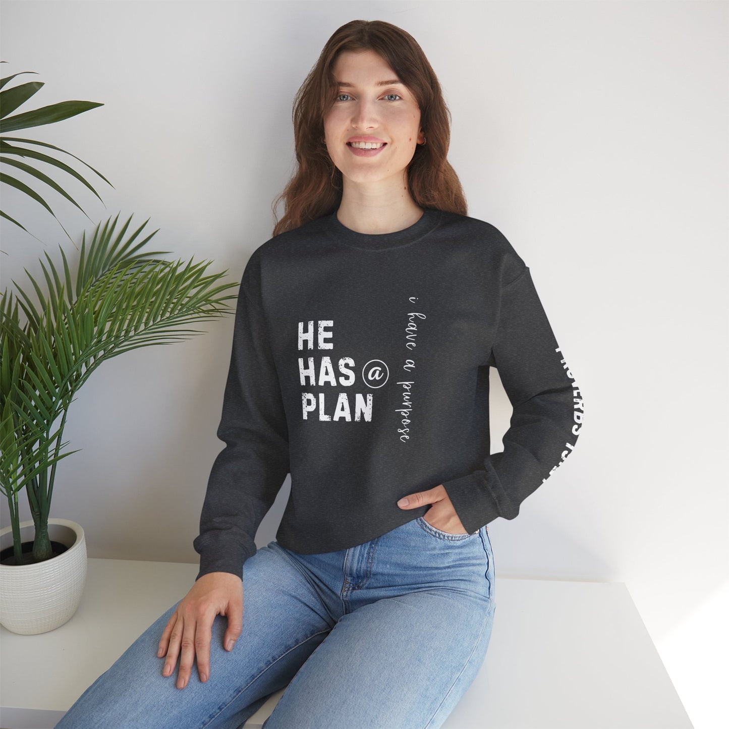 Christian Sweatshirt with 'He Has a Plan Proverbs 19:21' Design