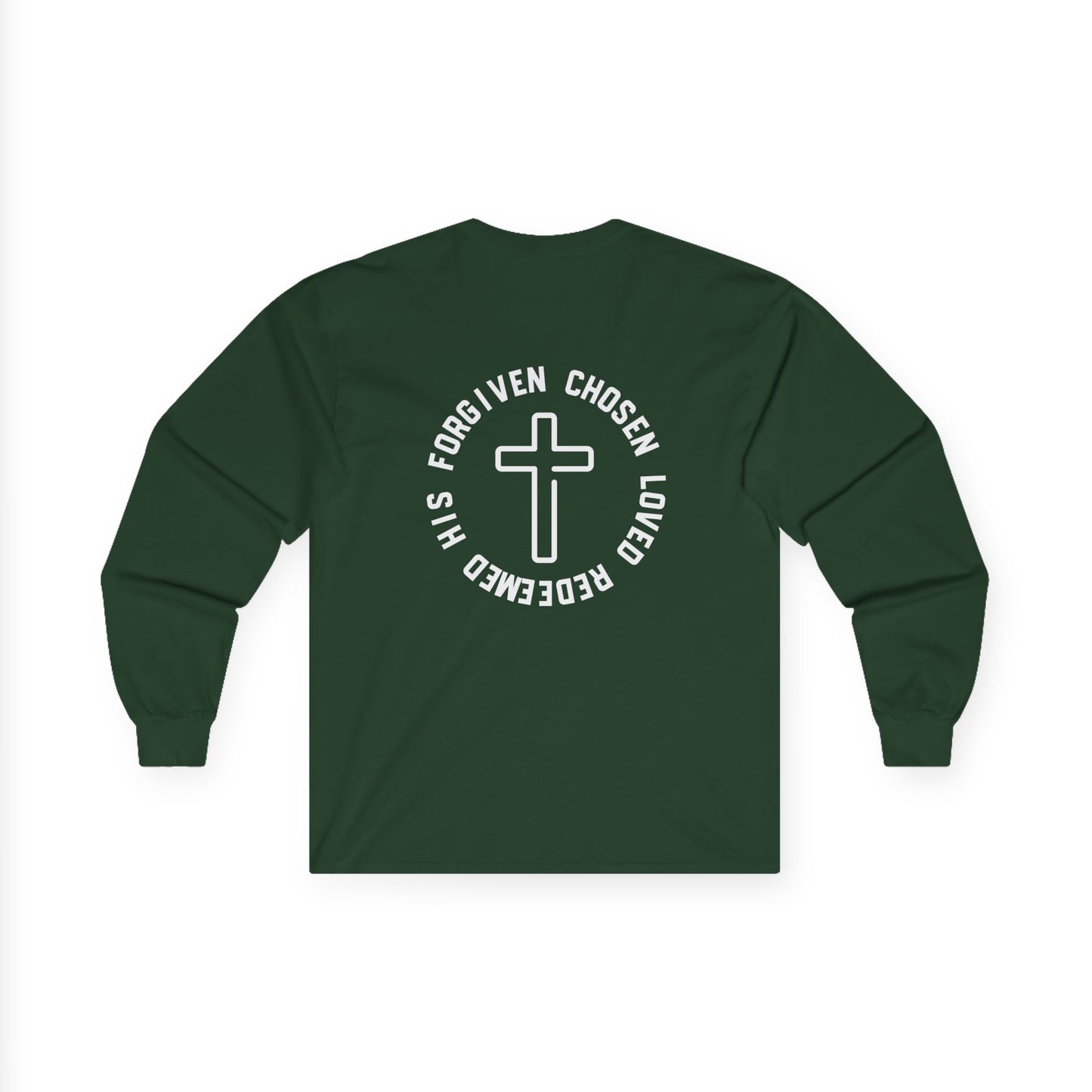 Christian Cross Long Sleeve Tee — "Chosen, Loved, Redeemed" Faith Shirt